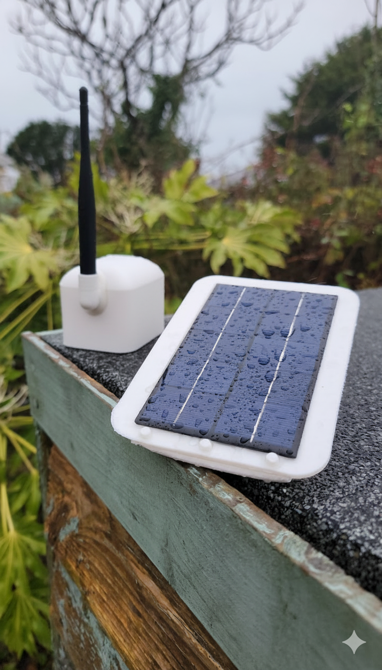 LoRaLeaf wireless sensor showing solar panel, LoRa antenna, and weather-proof enclosure for agricultural monitoring